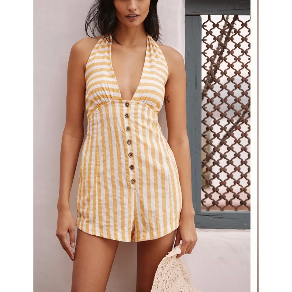 CELANDINE Anthropologie Romper Womens S Yellow Striped Cotton Blend Tie Shoulder - Picture 2 of 10